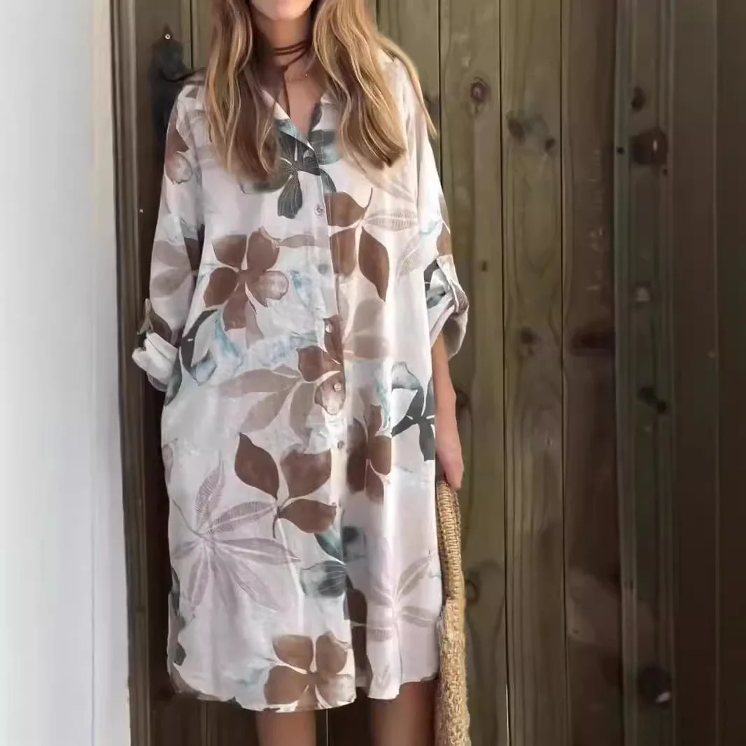 فستان نسائي ملابس نسائية موضة أنيقة فساتين الحفلات المسائية فستان من القطن والكتان فستان فضفاض مطبوع برقبة على شكل حرف V