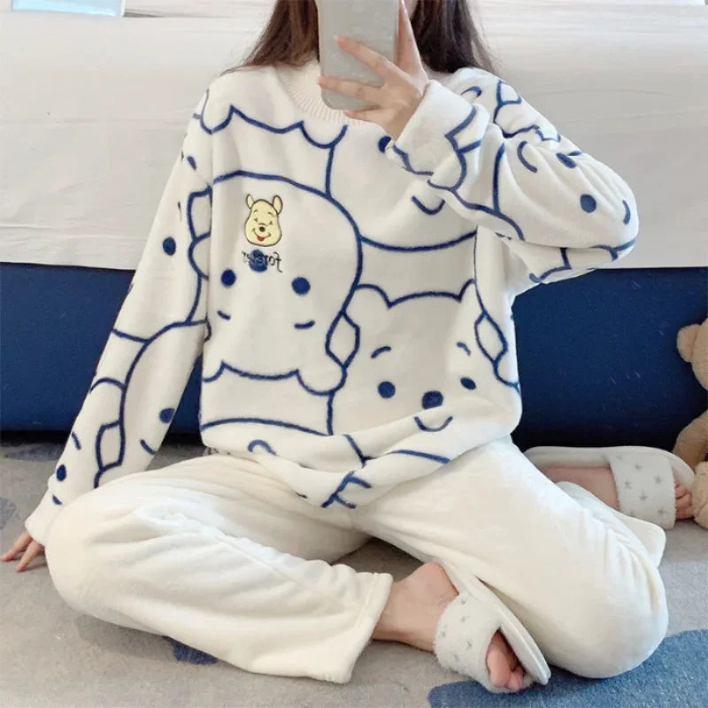 Cartoon Disney women\'s pajamas new crew neck sweater trousers two-piece loungewear set casual student Winnie the Pooh pajamas