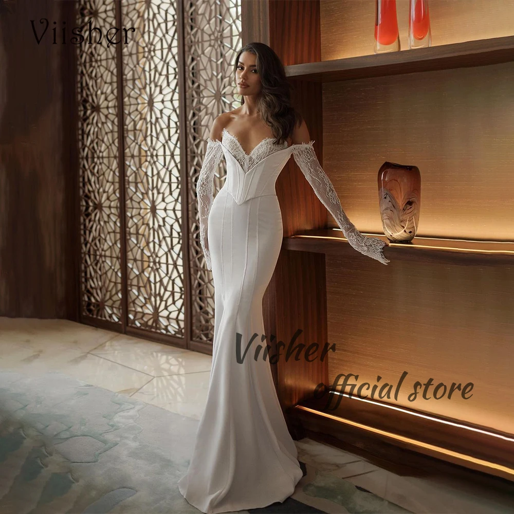 Mermaid Wedding Dresses for Bride Sweetheart Lace Satin Bodycon Bride Dress with Sleeve Beach Bridal Gowns