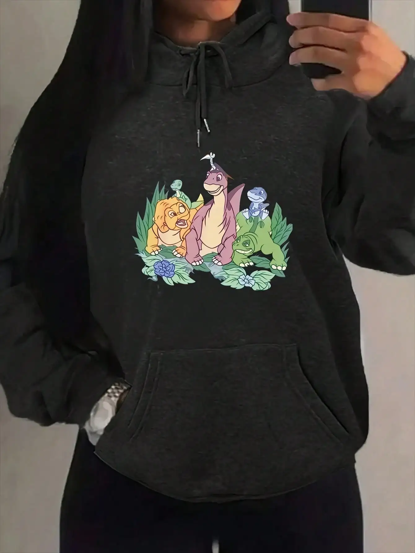 

Women's Cartoon Dinosaur Print Hoodie with Drawstring & Pockets - Casual Winter Pullover Sweatshirt