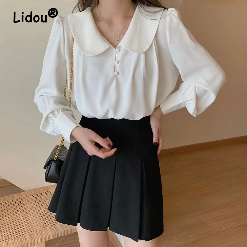 Summer Pleated Button Personality Blouse Women New Classic Long Sleeve Peter Pan Collar All-match Chiffon Pullover Shirt 2022