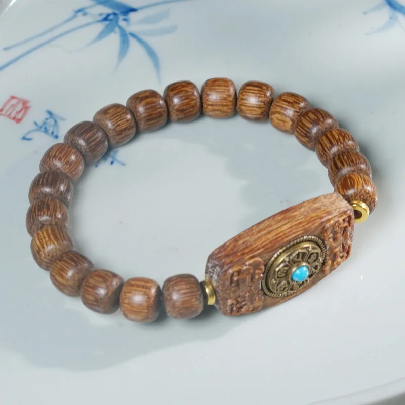 White Qi Nan Agarwood Rotating Bead Bracelet, Zen-Inspired Handheld Couple's Accessory, Buddhist Style Barrel Beads