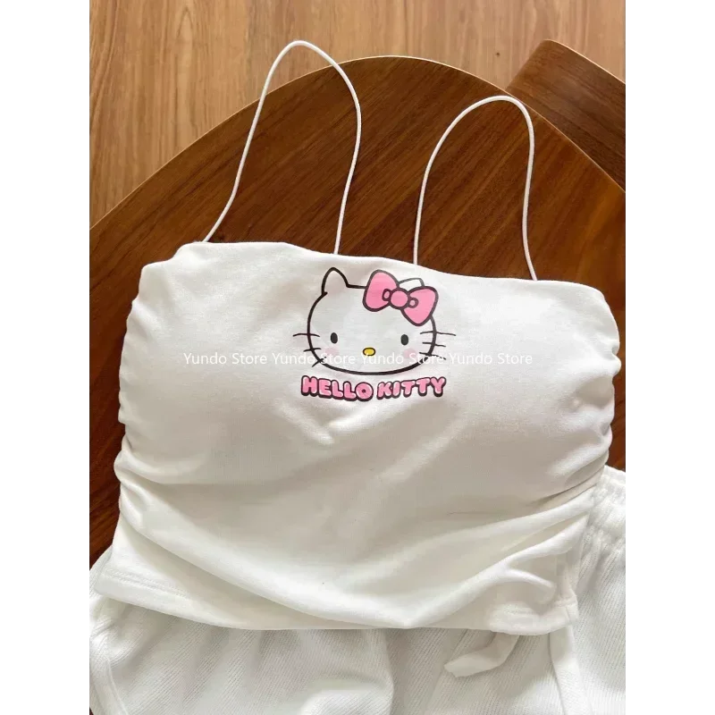 New Sanrio Hello Kitty Pure Love Suspender Pajamas Female Kawaii Cartoon Comfortable Leisure Breathable Home Ladies Pajamas Gift