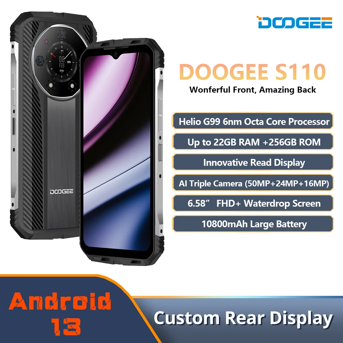 DOOGEE S110 Rugged Phone 6.58” FHD Waterdrop Screen Helio G99 Octa Core 66W Fast Charging 10800mAh Battery Smartphone