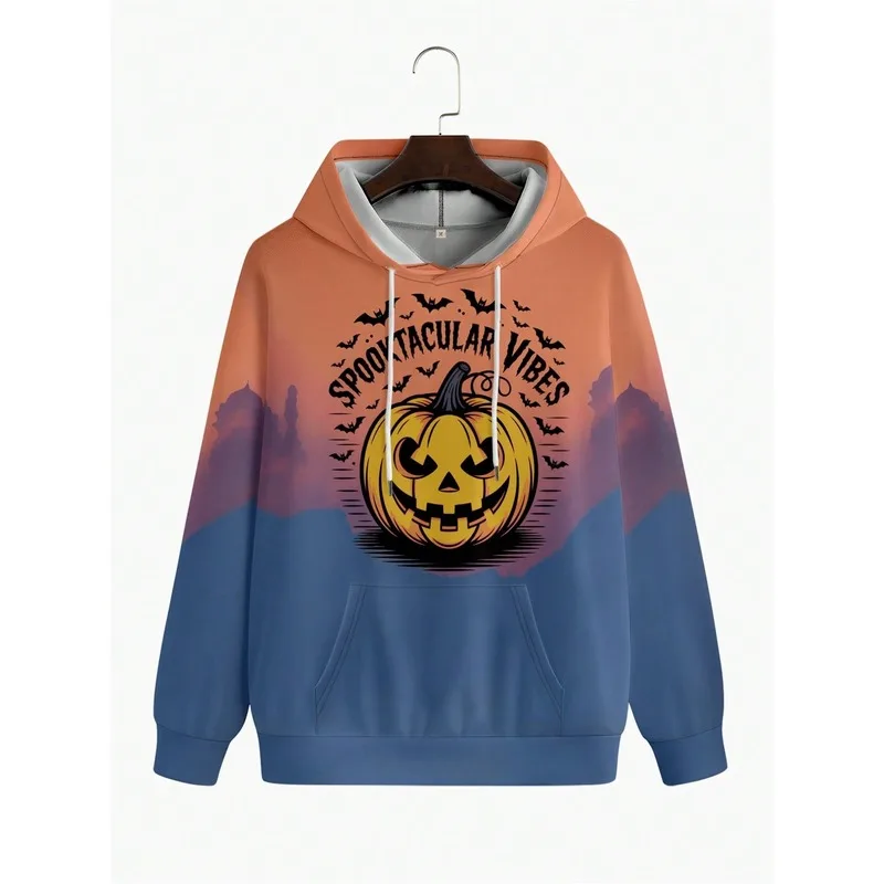 Mens Halloween Party Hoodie Gradient Background Pumpkin Bat Spooktacular Vibes Graphic 3D Print Drawstring Hooded Pullover Sweat