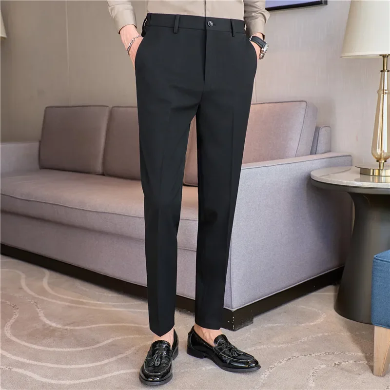 Men Suit Pants 2024 Autumn New British Style Elastic Waistband Slim Fit Solid Business Casual Formal Dress Trousers Men Clothing