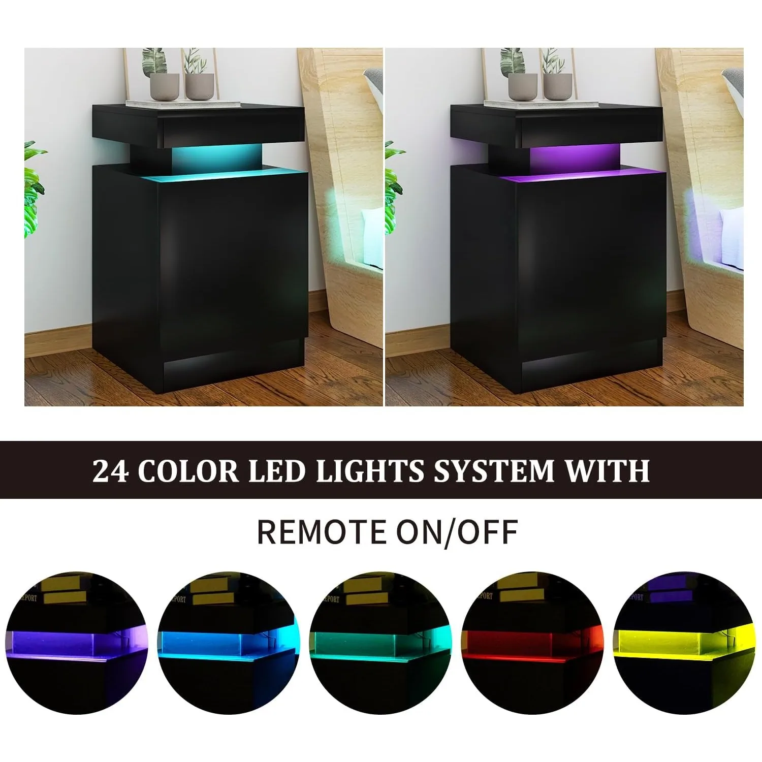 Mesita de noche Juego de 2 con luces LED, mesita de noche con gabinete de almacenamiento para dormitorio, mesita de noche con LED