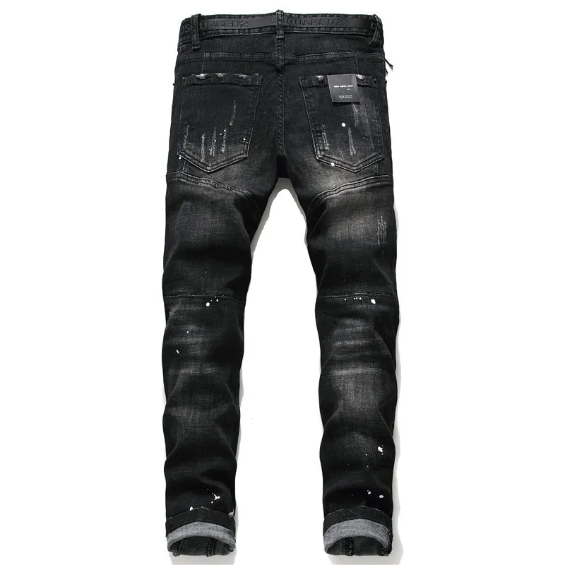 Light Luxury Men’s Street Fashion Black Jeans,Hole Patched Decors Denim Pants,Trendy Stretch Casual Jeans Pants;