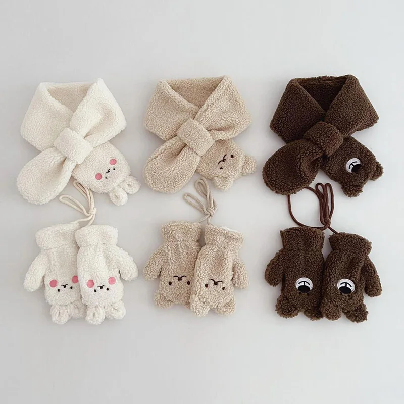 2PCS Baby Winter Scarf Gloves Set Lamb Wool Kids Scarves Mittens Suit for Girls Boys Bear Bunny Children Gloves Neck Warmer