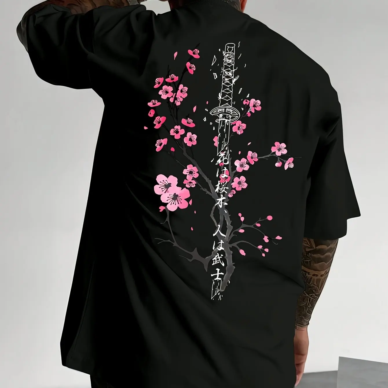 2026 Men's Casual Street Cherry Blossom Printed Round Neck T-shirt Summer 100% Pure Cotton Outdoor Daily Short Sleeved Plus Size