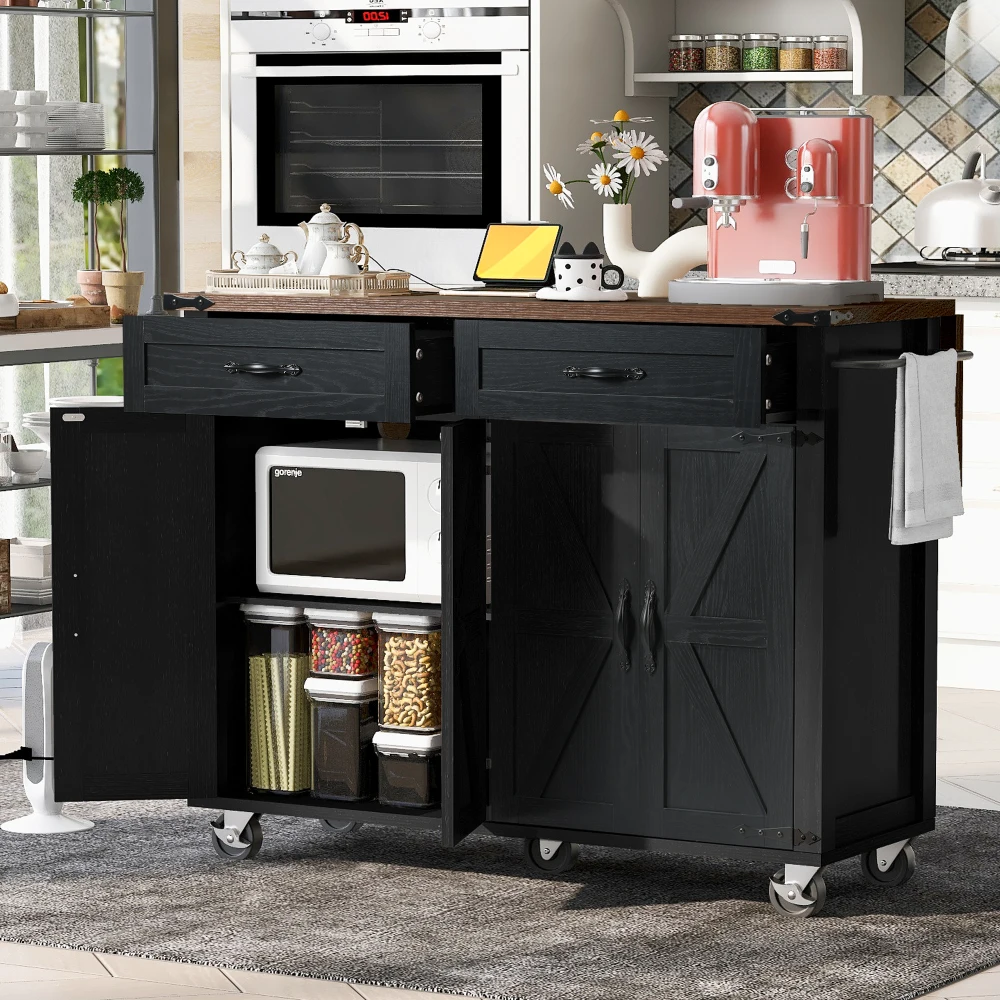 53.5''Farmhouse Kitchen Island  Power Outlet, Kitchen Storage Island with Drop Leaf, Kitchen Cart on Wheels, for Dining Room