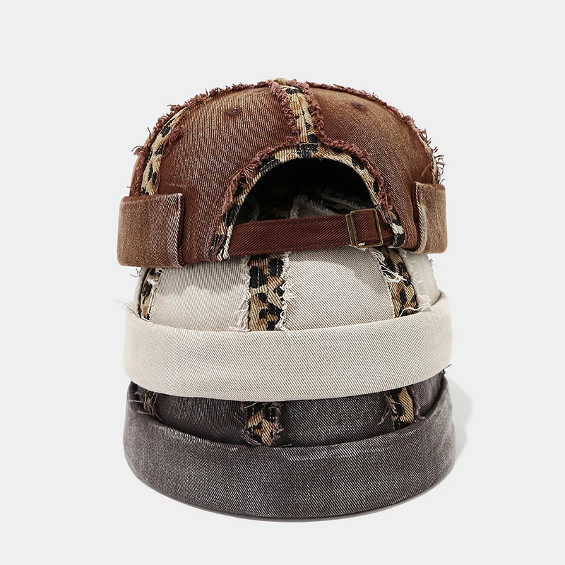 

Hot sale Washed leopard print brimless melon skin hat for men's street fashion brand with adjustable fringed hip-hop hat