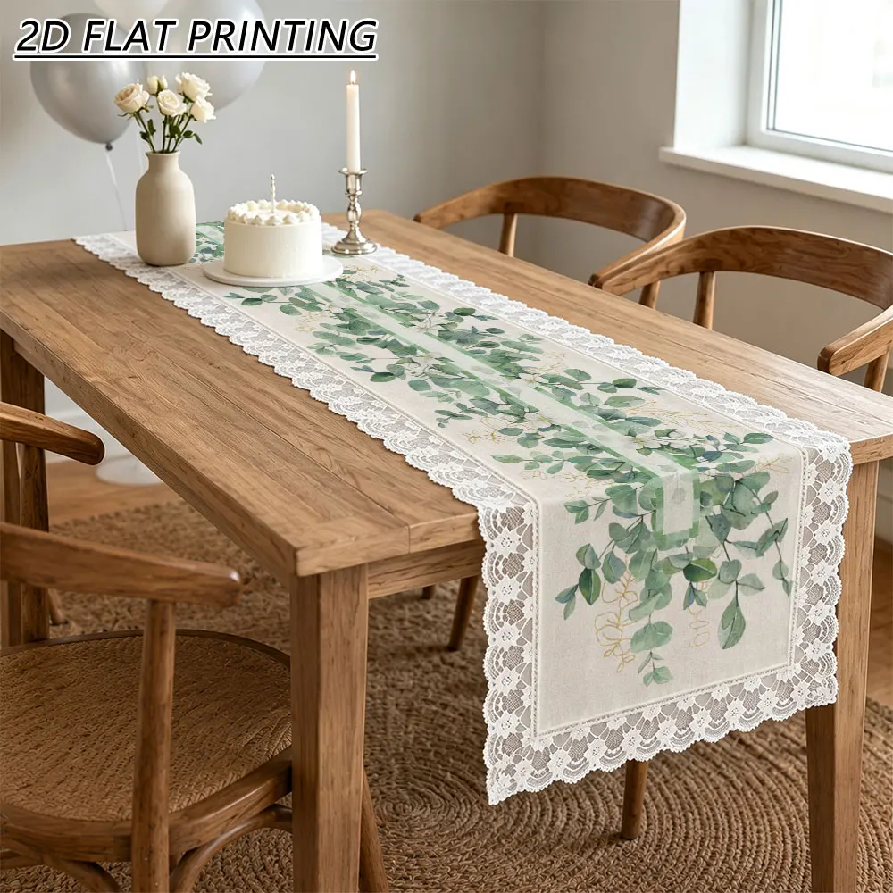 1pc Green Eucalyptus Branch Pattern Tulle Lace Table Runner For Family Dinner Bridal Shower Event