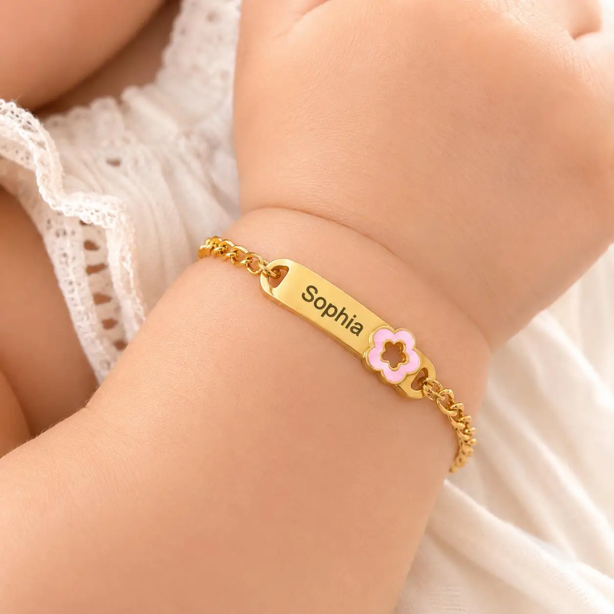 Pulsera de Bebé con Nombre Personalizado y Flor, Barra de Identificación con Flor Chapada en Oro de 18K para Niños, Resistente al Agua y al Deslustre, Regalo de Cumpleaños
