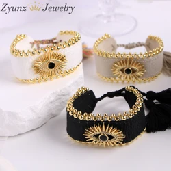 3PCS, Vintage Fabric Zircon Eye Fashion Bracelets 18k Gold Plated Copper Beads Adjustable Woven Jewelry Bracelet Women