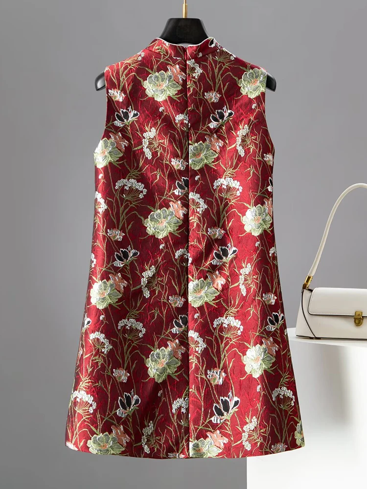 DSFACAIRIJ Beading Jacquard Dress For Women Stand Collar Sleeveless Chinese Style  Discoid Button Tank Dresses Summer Female