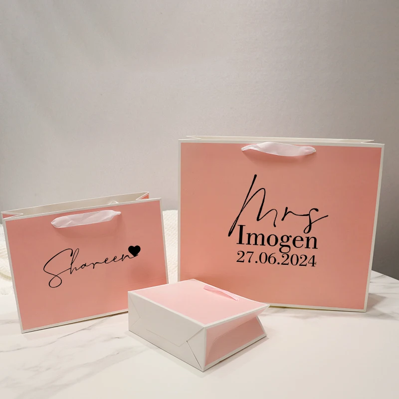 

Personization bags with ribbon handles your names for wedding guests gifts Elegant Pink bag personalized favor for guests