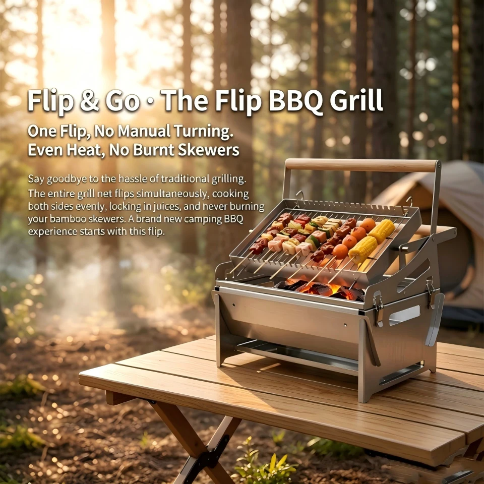 360° Portable Foldable Rotating Charcoal Grill Stainless Steel with Removable Barbecue Net for Outdoor Camping Beach Cooking