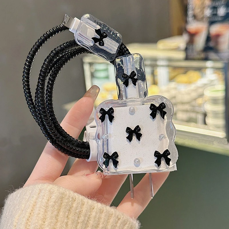 Korean Clear Black Bow Charge Protective Case For iPhone 18W-20W US Data Line Charger Protector Cover Charger Sleeve Accessories
