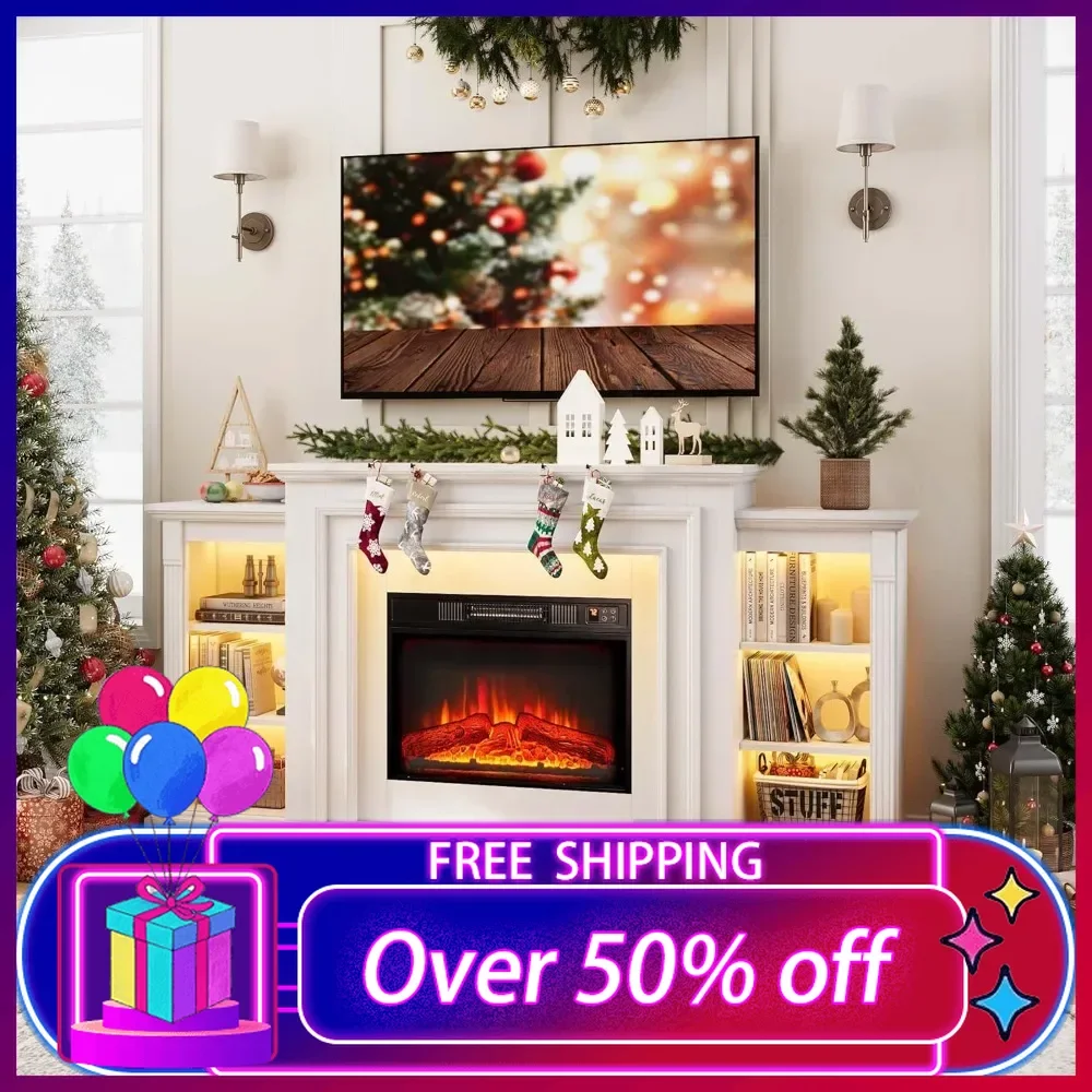 

72" LED Lights Electric Fireplace with Mantel, Fireplace TV Stand for TVs Up to 80",Modern Entertainment Center with Storage