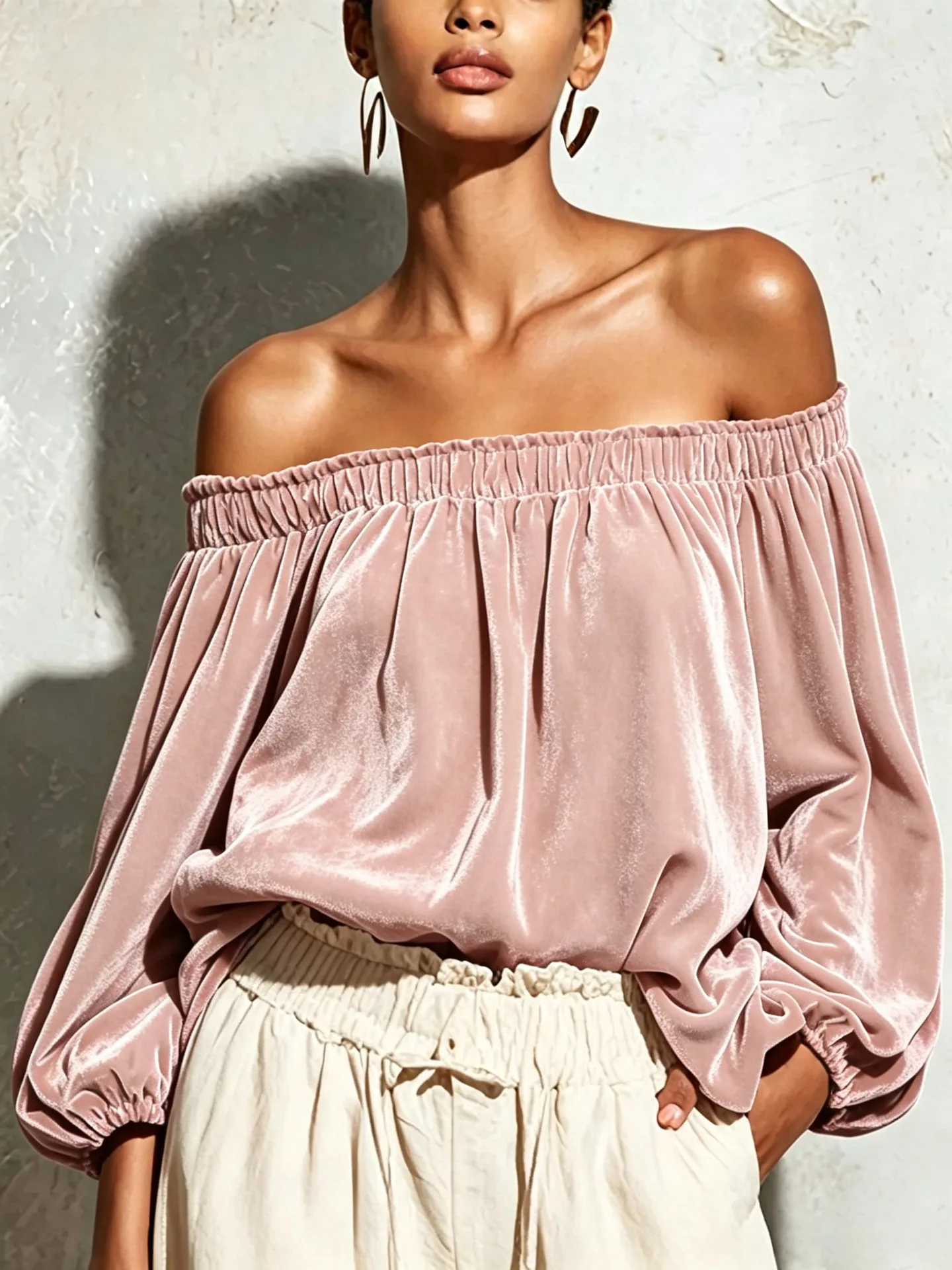 Women's Velvet Blouses Fashion Off-Shoulder Lantern Long Sleeve Shirt Elegant Sexy Slash Neck Top Solid Color Casual Loose Shirt