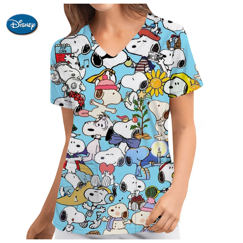 

Nurse Uniform Women Short Sleeve Snoopy print Working Uniform Pocket Blouse Scrubs Tops Nursing Medical Uniforms Accessories