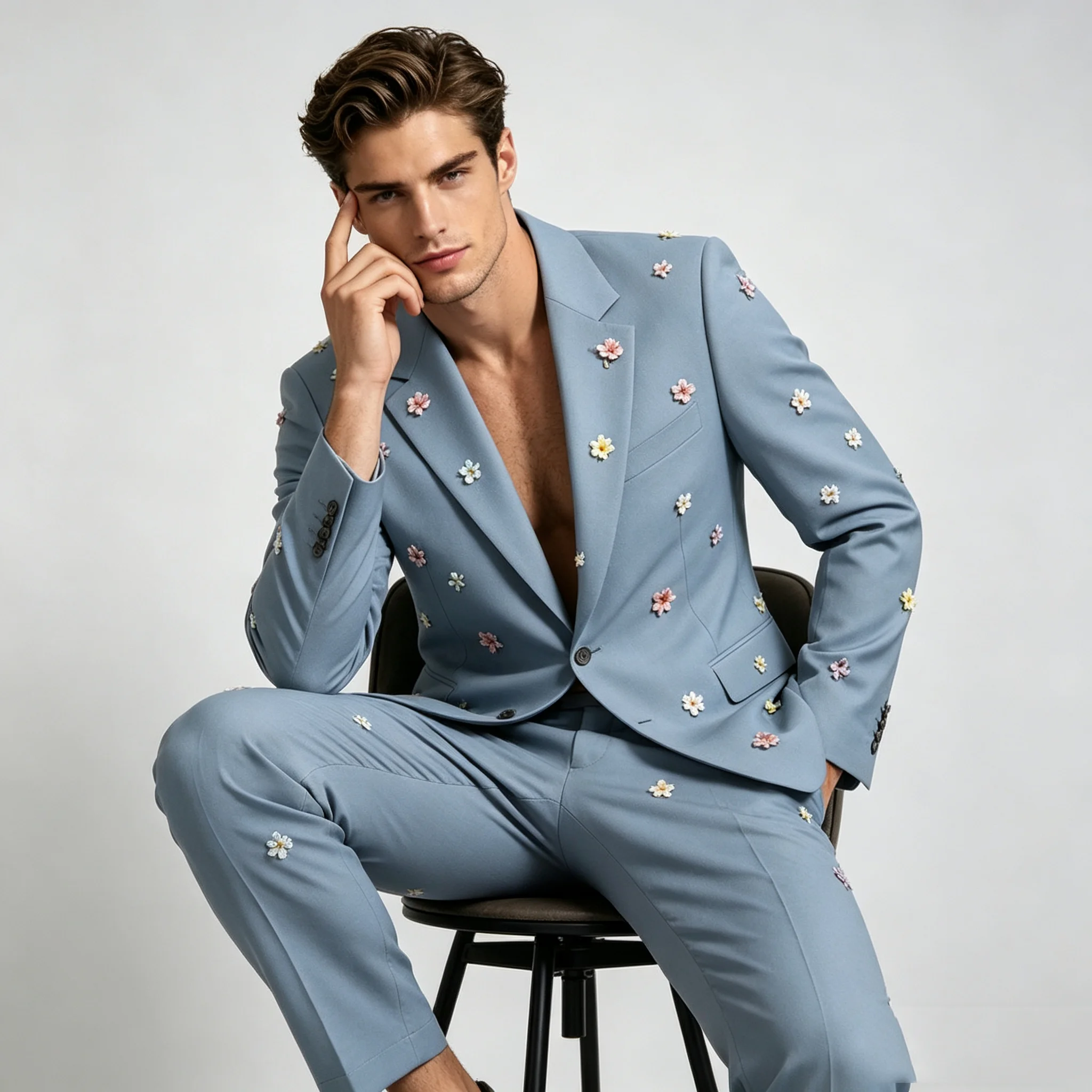Blue Men Suit Set 2 Piece Blazer+Pants Trousers Flower Prom Wedding Tuxedos Coat Customized Formal Office Fashion Groom Jacket