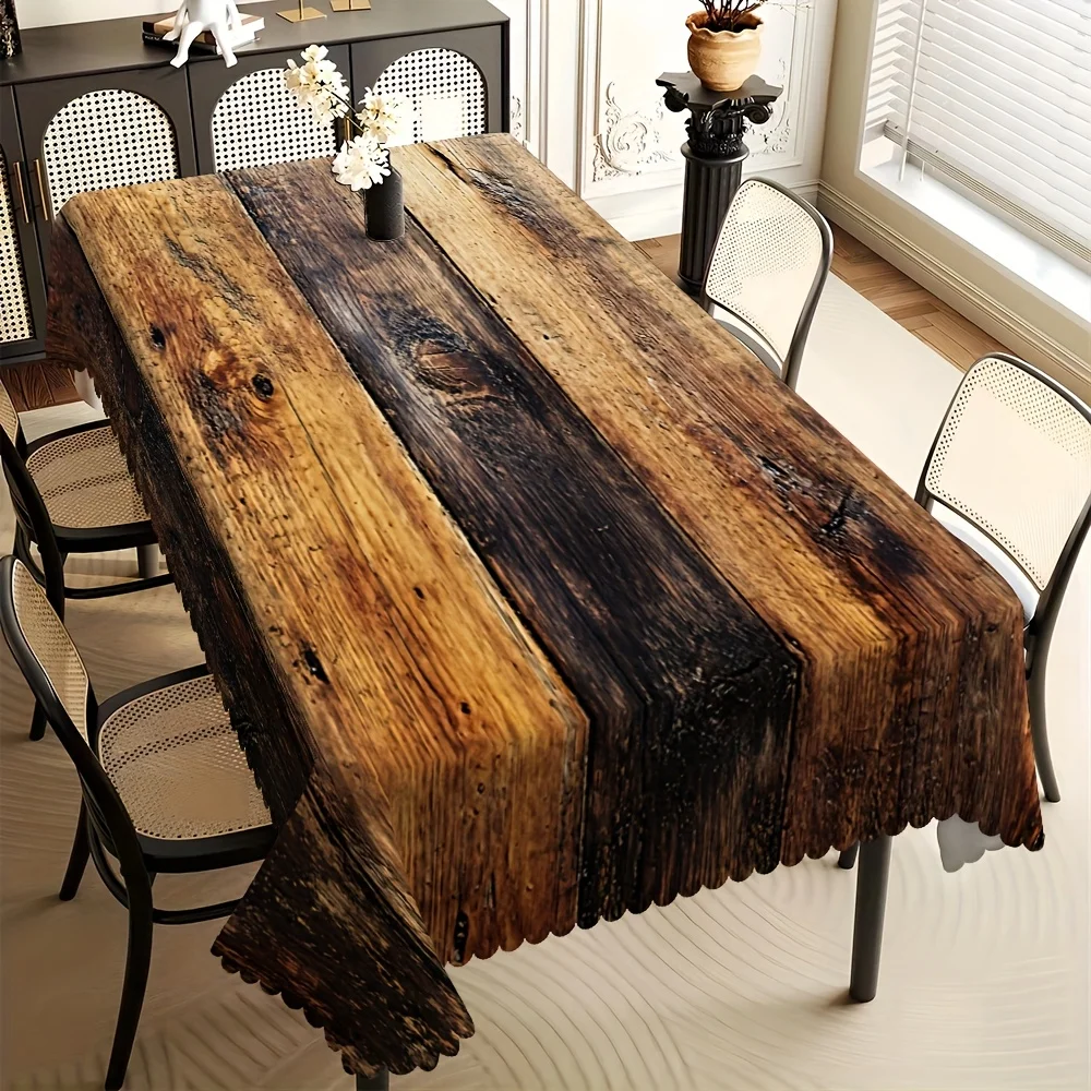 One farmhouse-style wood-grain tablecloth - Durable polyester rectangular tablecloth with scalloped edge.