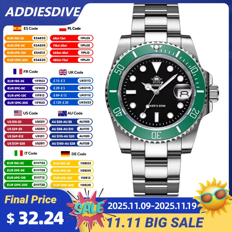 Addiesdive-メンズクォーツ時計,ステンレススチール,セラミックベゼル,発光,クラシックビジネス,bgw9,ダイビング200m