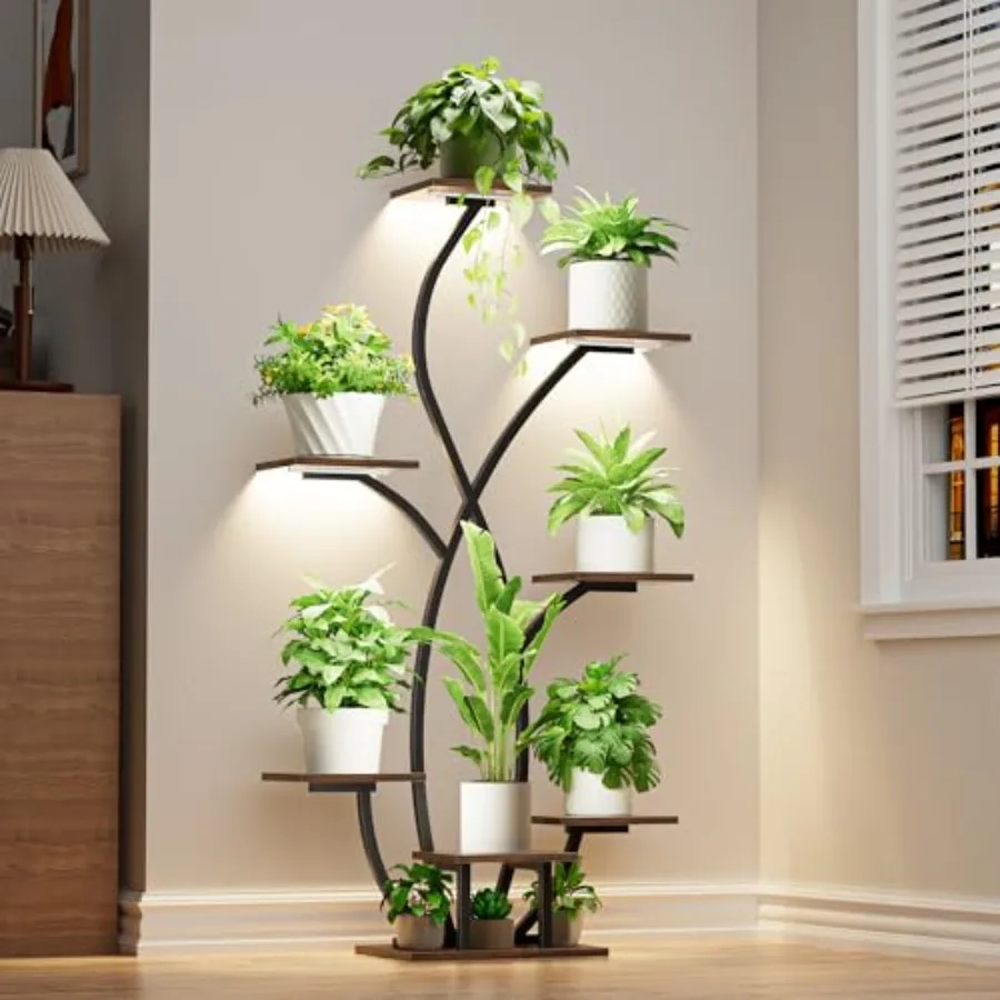 

Indoor plant stand with grow light for living room patio balcony; metal black; 55'' corner 7-tier flower-shaped display shelf