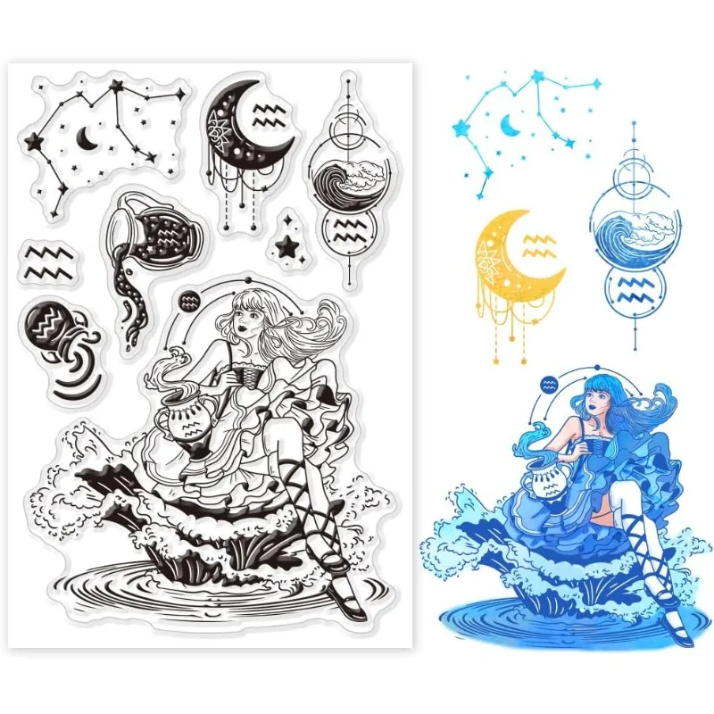 1pc Aquarius Constellation Clear Stamps for Cards Making Water Moon Woman Silicone Clear Stamp Seals Transparent Stamps for DIY