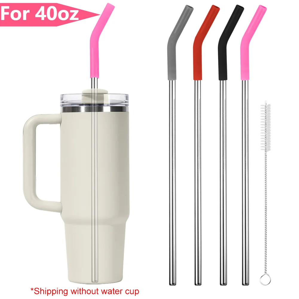 

4Pcs Long Metal Straw with Silicone Tips Cleaning Brush Stainless Steel Drinking Straw with Covers for Stanley 40oz Tumbler