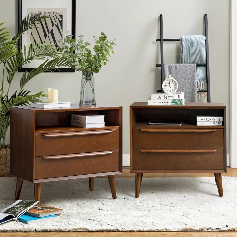 Nightstand with Charging Station, Set of 2 Mid-Century Modern 2 Drawer and Open Shelf Dresser for Bedroom, Fluted Bedside Table