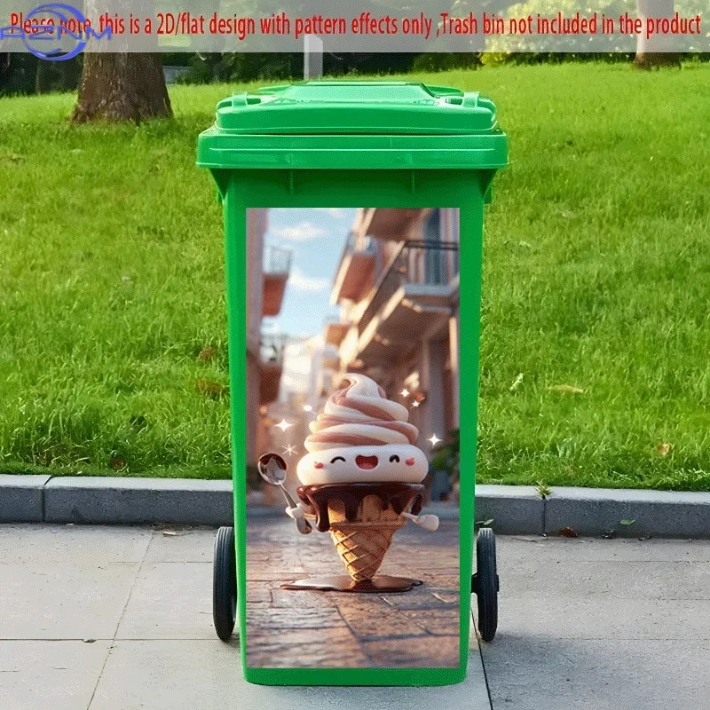 PC 2D Flat Self-Adhesive Trash Can Sticker, Cute Ice Cream Cone Decorative Decal, Creative Trash Can Decoration, Suitable for