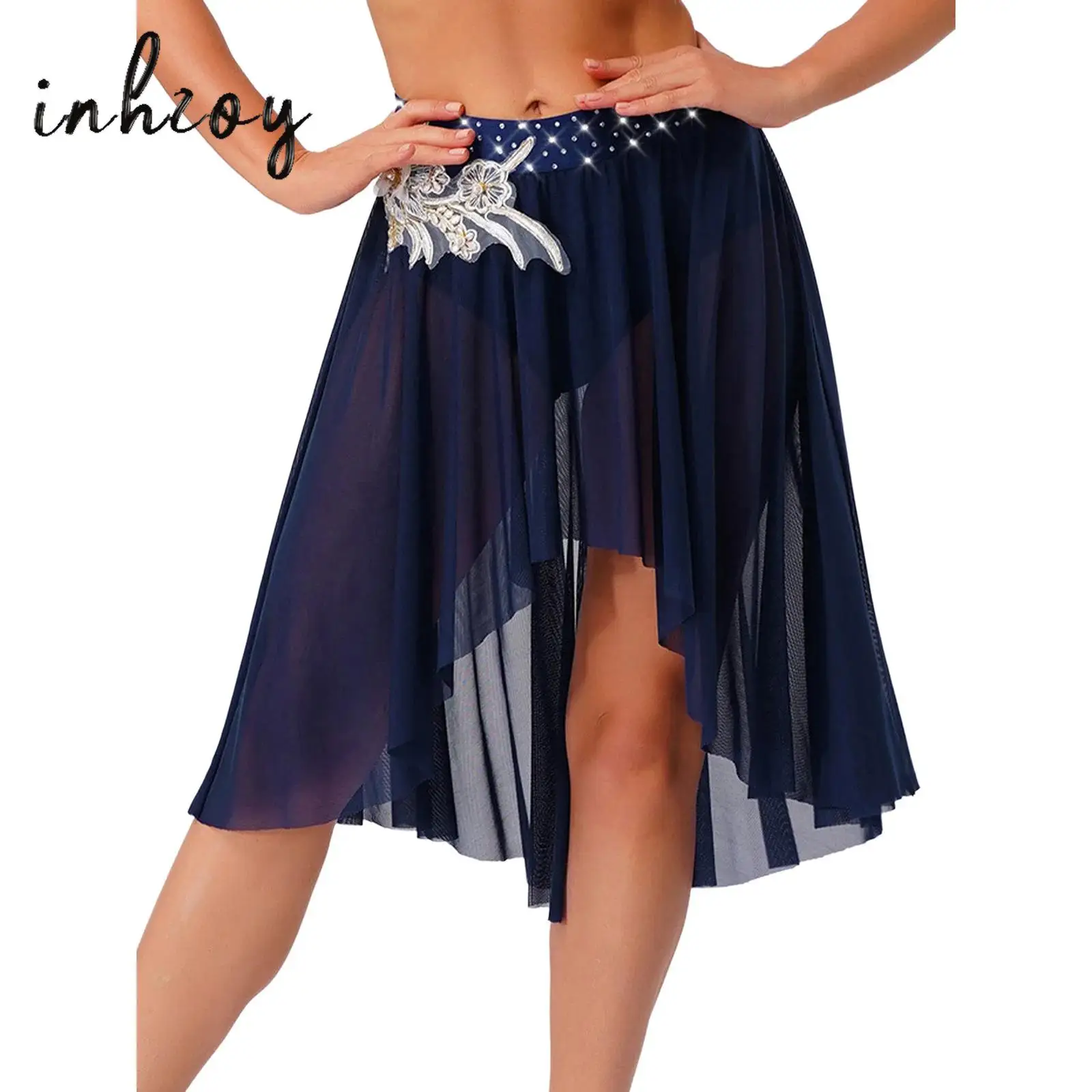

Women Lyrical Dance Skirt Exquisite Embroidery Applique Sheer Mesh Hem One Piece Brief Skirt Dancewear for Classical Dance Waltz