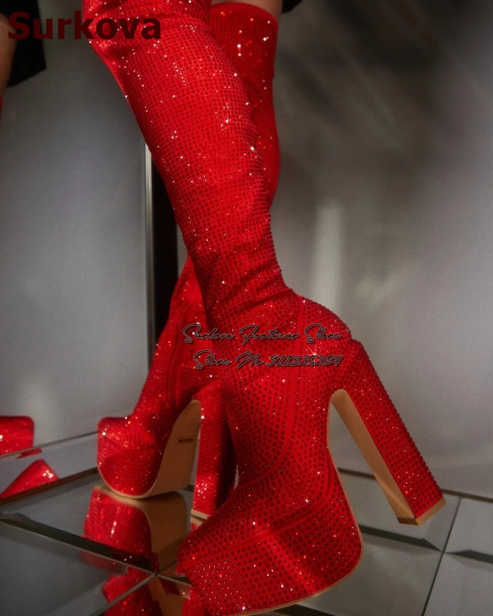 Surkova Red Silver Full Crystal Chunky Heel Thigh High Boots High Platform Bling Bling Rhinestone Over-the-knee Boots Zipped