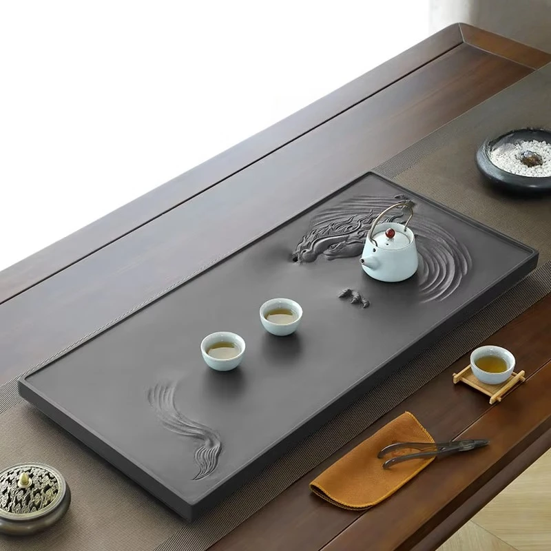 dh-Stone Coasters Tea Tray Rectangle Vintage Smoking Hospitality Long Chinese Tea Tray Drip Drainage Bandejas Home Decorationgs
