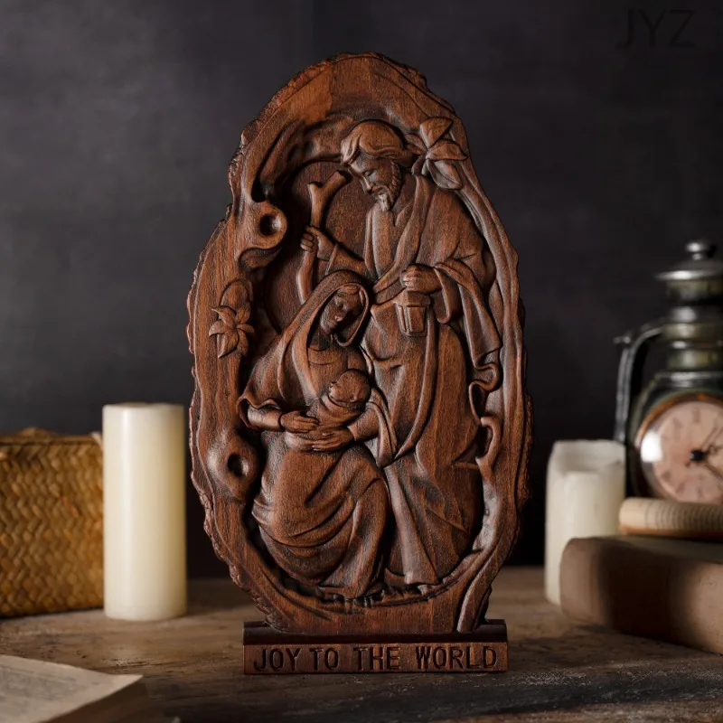 Christmas Church Items Nativity Natural Wooden Desktop Ornaments, Baby Jesus Holy Family Statue Home Decorations