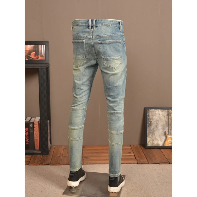 Retro Nostalgic Stitching Jeans Men's Stretch Tight Feet High-End Washed Casual Fashion Street Motorcycle Trousers