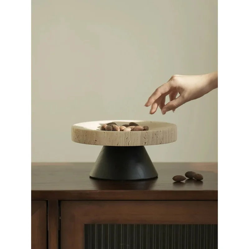 

Marble Salad Bread Fruit Tray with Stand Luxury Travertine Pedestal Bowl for Table Decor and Kitchen Counter