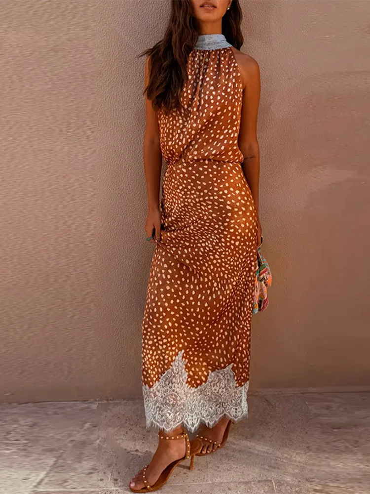 

Chic Women Summer Skirt Set Printed Dot Sleeveless Halter V-neck Lace Patchwork Female Top Long Skirt Vacation Beach Dress