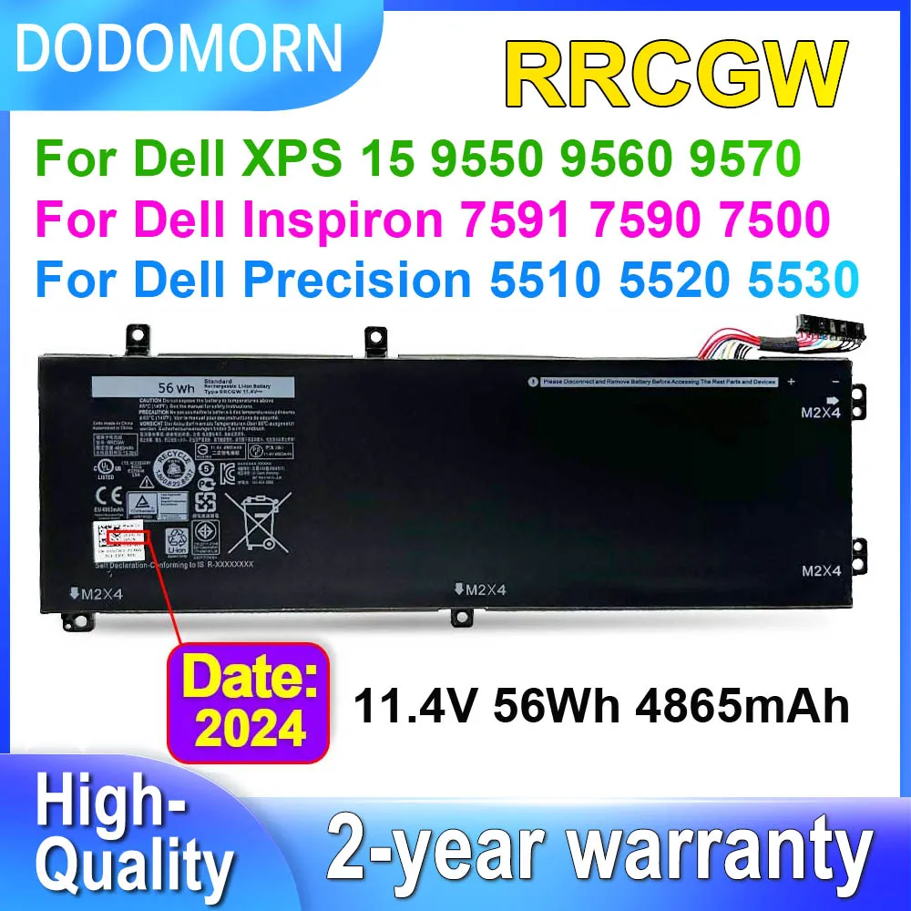 DODOMORN RRCGW For Dell Precision 5510 5520 5530 XPS 15 9550 9560 9570 Inspiron 7591 7590 7500 Laptop Battery H5H20 11.4V 56Wh