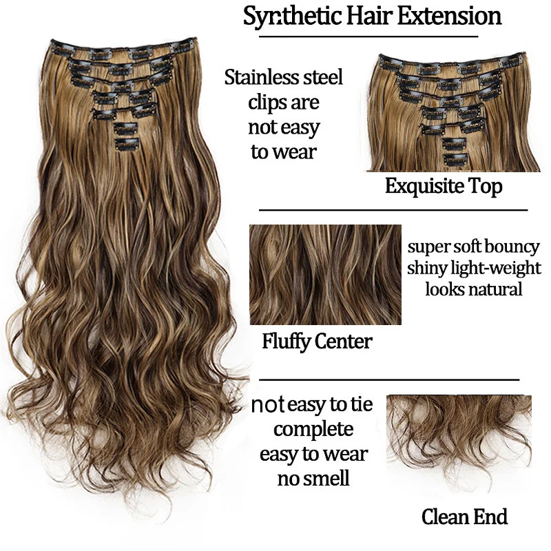 WIGSIN 24Inch 7pcs/set Synthetic Hair Extension Long Curly 16Clips Heat Resistant Black Blonde Hairpiece for Women