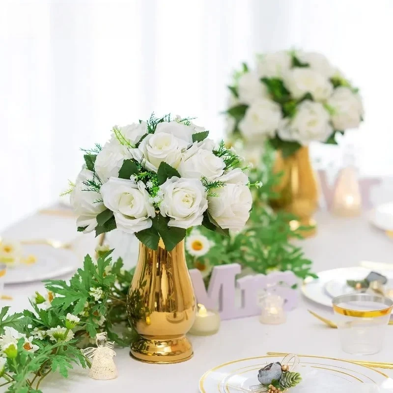 15 Heads Plastic Roses with Base High quality.10 Pieces White Fake Flower Ball Arrangement Bouquet