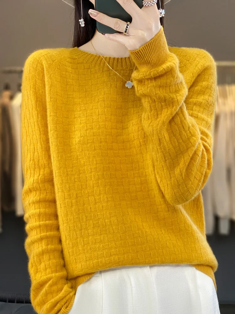 Pull en laine australienne pour femme, pull à col rond, pull à carreaux avec beaucoup de gaufre, pull basique, haut à la mode, automne et hiver 100%