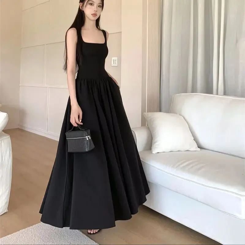 

Fashionable retro Sling Vertidos camisole dress pocket high waist ankle length loose knit vestidos summer balck dress