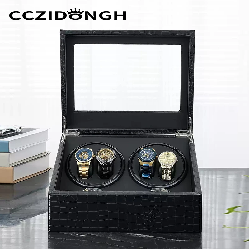 

4+6 Slots Automatic Watch Winder Crocodile Textured Leather Wrapping Glass Cover Mechanical Watches Rotator Watch Storage Box