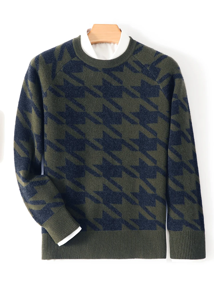 

100% Merino Wool Knitwear Men's Jacquard Sweater Autumn Winter Young O-Neck Pullover Olive Green Business Fashion Clothing Tops