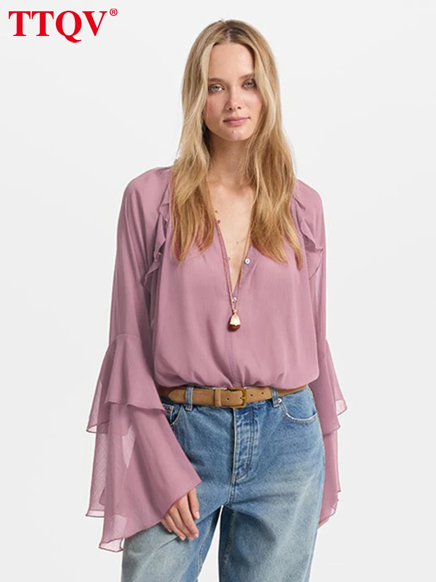 

TTQV Fashion Loose Pink Women's Shirt Sexy V-Neck Long Sleeve Lady Shirts Elegant Classic Solid Top Female Clothing Streetwear