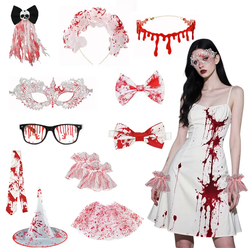 Halloween Horror Costume Props Set Bloody Bride Accessories Mask Hair Hoop Glasses Collar Bow Tie for Party Photo Shoot